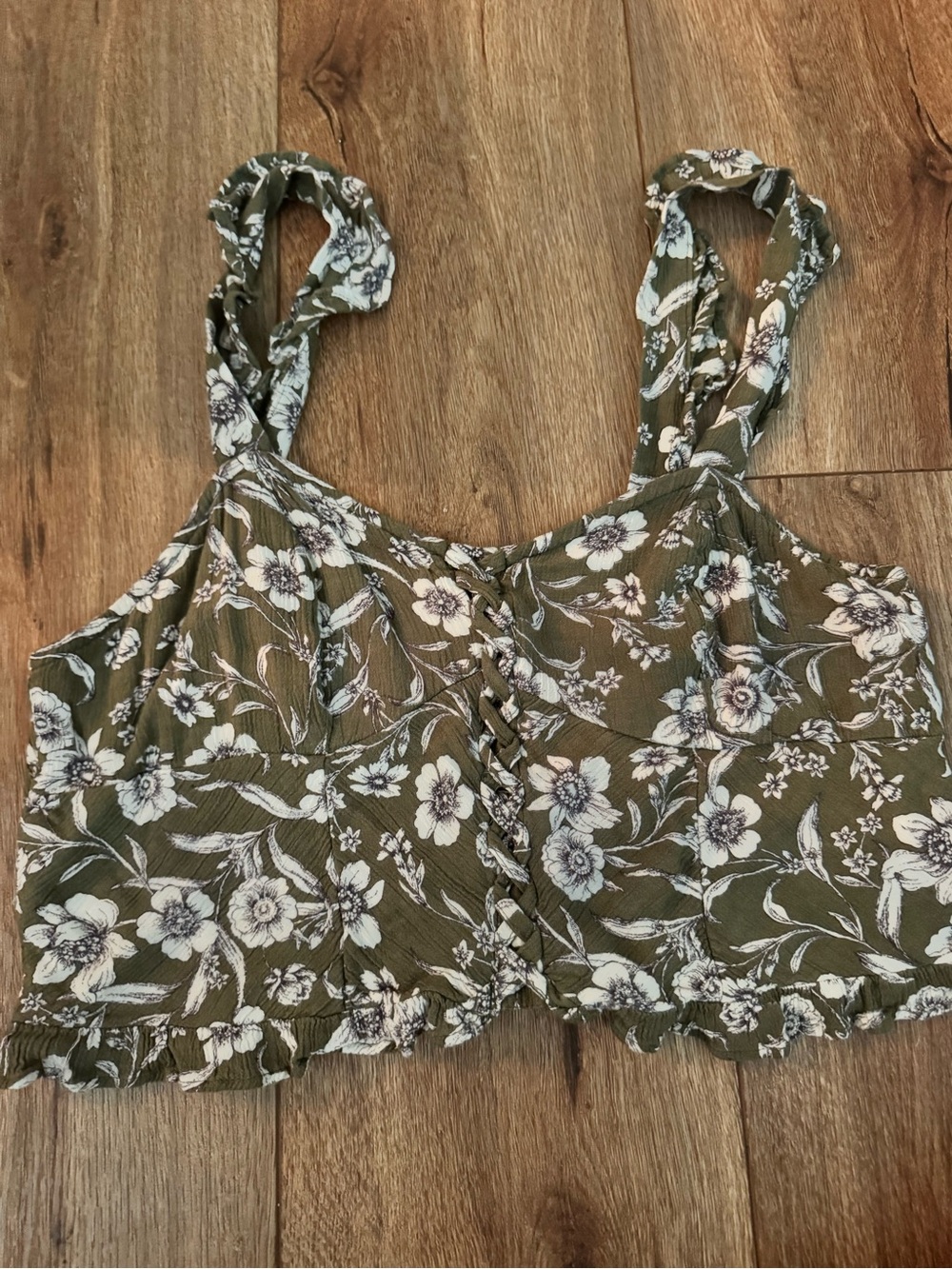 AE Floral Tie-Shoulder Crop Top - Olive Med